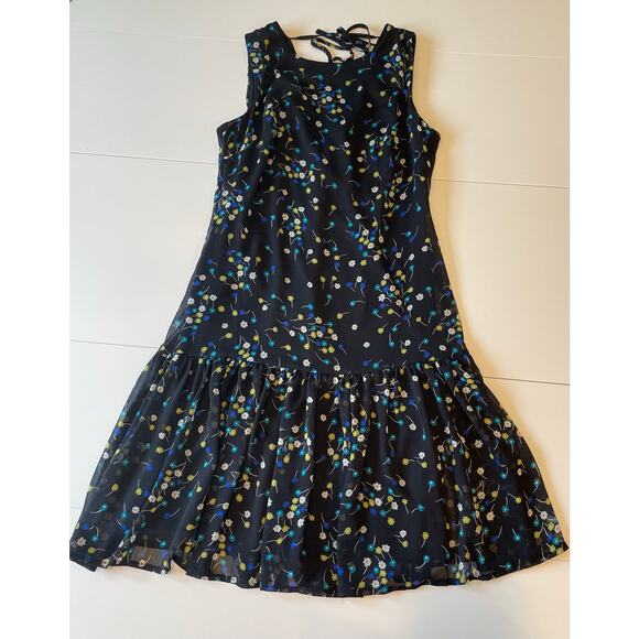 Calvin Klein Dress Black Floral Sleeveless Ruffle Hem Tie Back Neck Sz 2 Lined - Picture 7 of 11